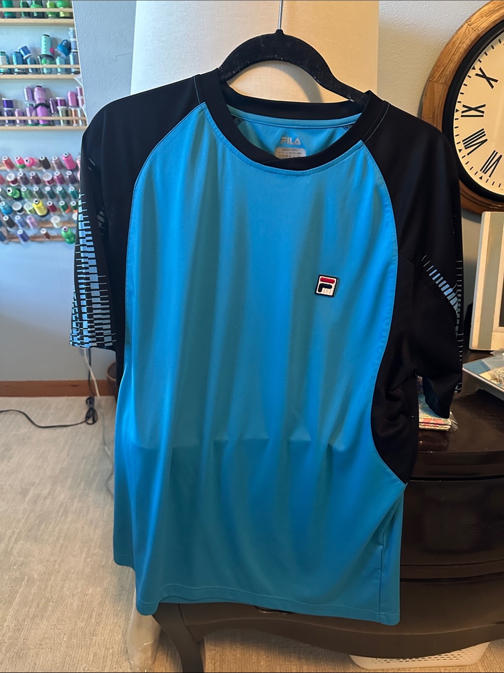 Fila Men's Turquoise and Black tennis top, large